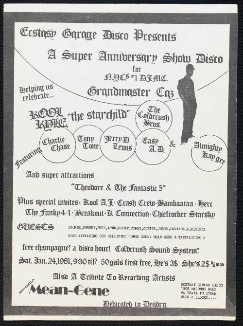 Ecstasy Garage Disco Presents A Super Anniversary Show Disco for Grandmaster Caz, Ecstasy Garage Disco, New York City, January 24, 1981