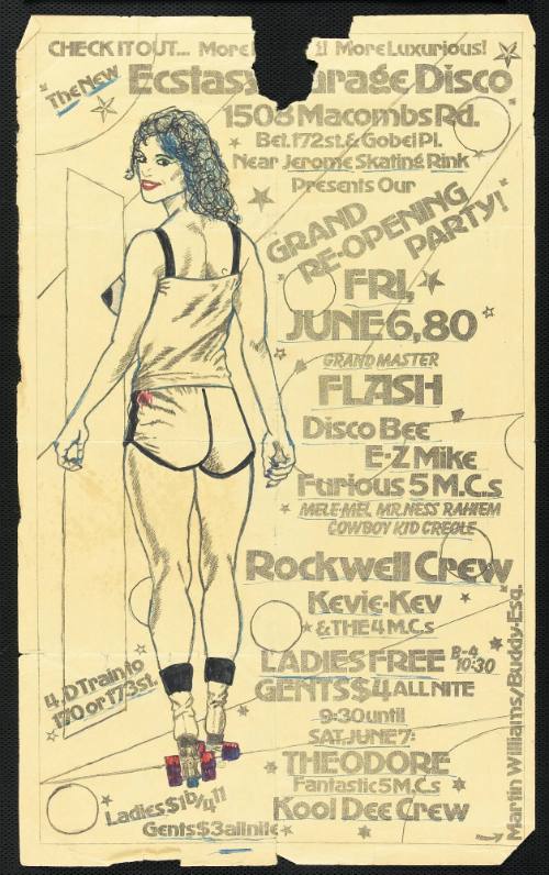 Grand Re-Opening Party with Grand Master Flash, Disco Bee, E-Z Mike, Furious 5 M.C.s, Kevie-Kev, Theodore, and Kool Dee Crew, Ecstasy Garage Disco , New York City, June 6&7, 1980