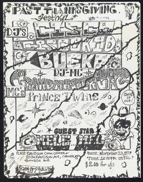 Past Thanksgiving Festival with DJ Cisco Kid, DJ Bucko, Grandmaster Caz, and Mele Mel, Davidson Community Center, New York City, November 23, 1979