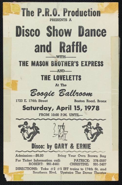 Disco Show Dance and Raffle with The Mason Brother's Express and The Loveletts, Boogie Ballroom, Bronx, New York, Saturday, April 15, 1978