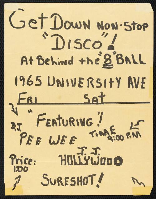 Get Down Disco featuring DJ Pee Wee, J.J. Hollywood, and Sureshot!, Behind The "8" Ball, New York City, New York, circa late 1970-1980s