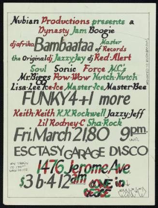 Afrika Bambaataa and the Soulsonic Force, Funky 4 + 1 More, at the Ecstasy Garage, Bronx, NY, March 21, 1980