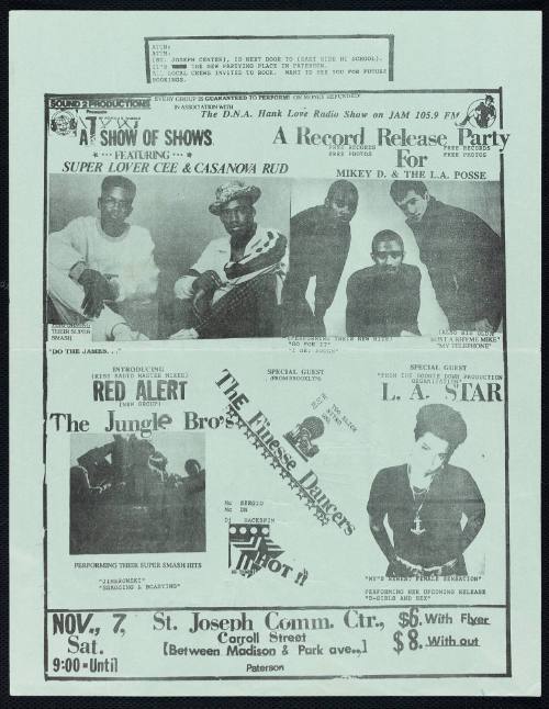 Super Lover Cee & Casanova Rud, Mikey D. & the LA Posse, DJ Red Alert, the Jungle Bro's [Jungle Brothers], LA Star, and the Finesse Dancers, at St. Joseph Community Center, Paterson, NJ, November 7, 1981