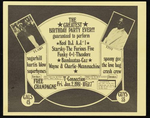 Kool DJ AJ, Starski, Grandmaster Flash and the Furious 5, Grand Wizard Theodore, Afrika Bambaataa, Grandmaster Caz, Wayne & Charlie, and Mean Machine, at T-Connection, Bronx, NY, January 2, 1981
