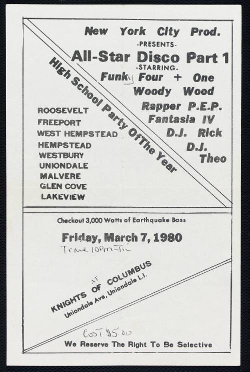 All-Star Disco Part 1: Funky 4 + 1, Woody Wood, Rapper P.E.P., Fantasia IV, DJ Rick, DJ Theo, at Knights of Columbus, Uniondale, Long Island, NY, March 7, 1980