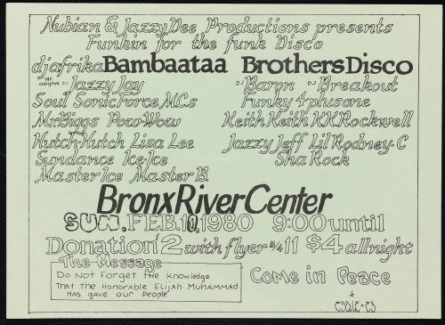 Afrika Bambaataa and the Soulsonic Force, Brothers Disco/Funky 4 + 1, at Bronx River Center, Bronx, NY, February 10, 1980