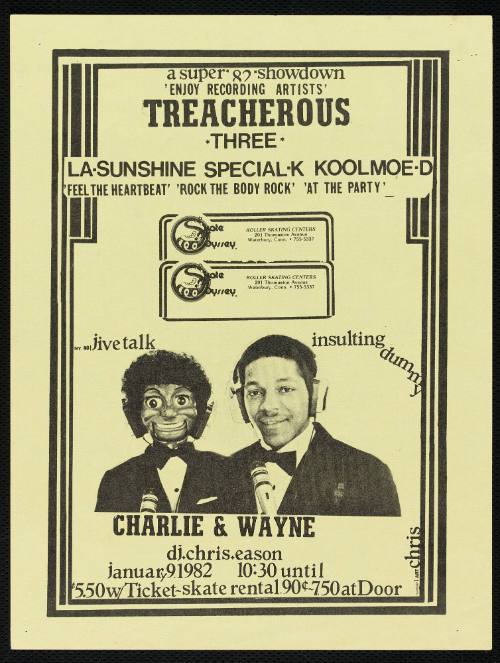 Treacherous Three, Charlie & Wayne, DJ Chris Eason, at Skate Odyssey, Waterbury, CT, January 9, 1982