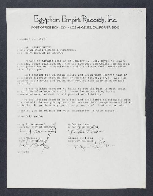 Letter from West Coast Record Distributors to all distributors, December 31, 1987