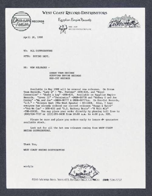 Letter from West Coast Record Distributors to all distributors, April 26, 1988