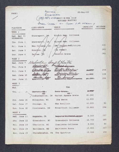 Eazy-E and N.W.A. tour itinerary, 1989