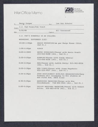 Inter-office memo to Perry Cooper from Lee Ann Schuler regarding J.J. Fad's radio promotion schedule, September 20, 1988