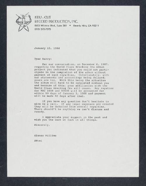 Letter from Alonzo Willims [Alonzo Williams] to Barry [Barry Severe], January 15, 1988
