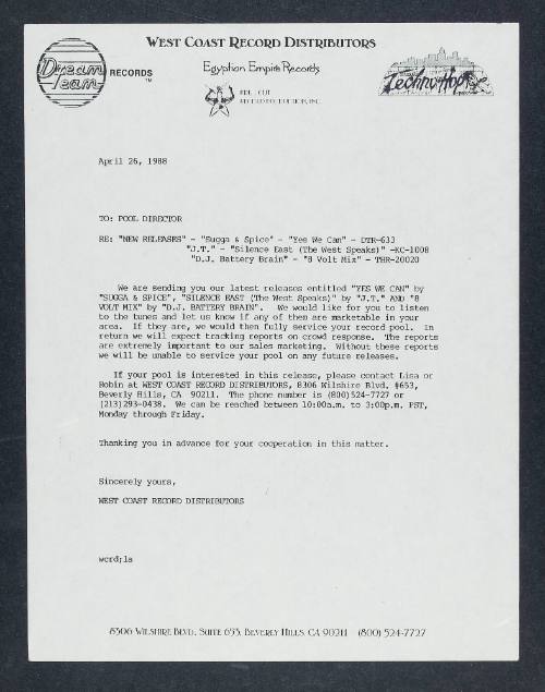 Letter from West Coast Record Distributors to Pool Director, April 26, 1988