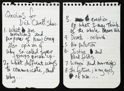 Potential Questions for The Dick Cavett Show Handwritten by Jimi Hendrix