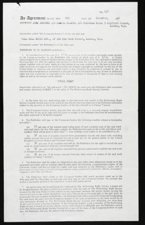 Signed Contract between Jimi Hendrix and Pall Music Ltd. for the Publication of  "Stone Free," December 2, 1966