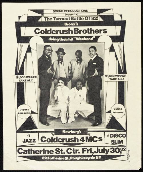 The Turnout Battle of '82:  Bronx's Coldcrush Brothers vs. Newburg's Coldcrush 4 MCs, at Catherine St. Center, Poughkeepsie, NY, July 30, 1982