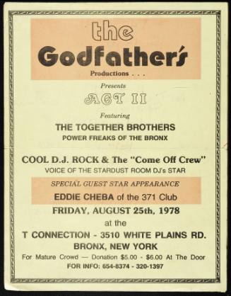 Act II featuring The Together Brothers, Cool DJ Rock & The Come Off Crew, Eddie Cheba, at The T Connection, Bronx, NY, August 25, 1978