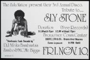 The Zulu Nation present their 3rd Annual Disco Tribute to Sly Stone: DJ Afrika Bambaataa, Zambo, MC Mr. Biggs, at Bronxriver Community Cente [i.e. The Bronx River Center], Bronx, NY, November 10, 1978