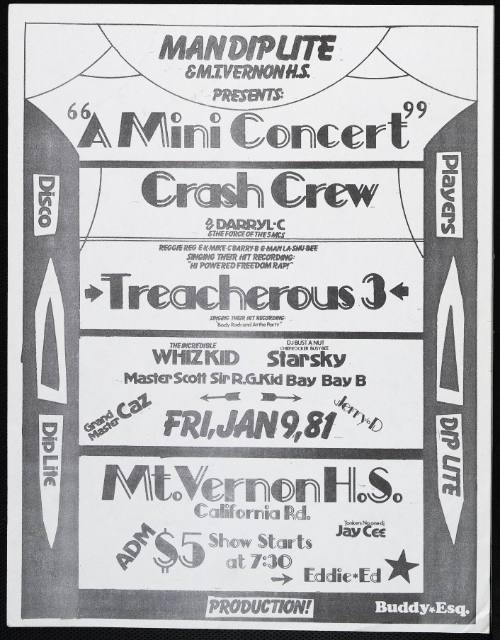 Crash Crew, Treacherous 3, Whiz Kid, Starsky, at Mt. Vernon High School, New York [?], January 9, 1981
