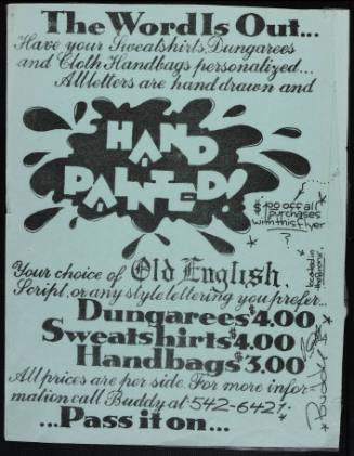 Advertisement for Hand-Drawn and Hand-Painted Art on Clothing by Artist Buddy Esquire