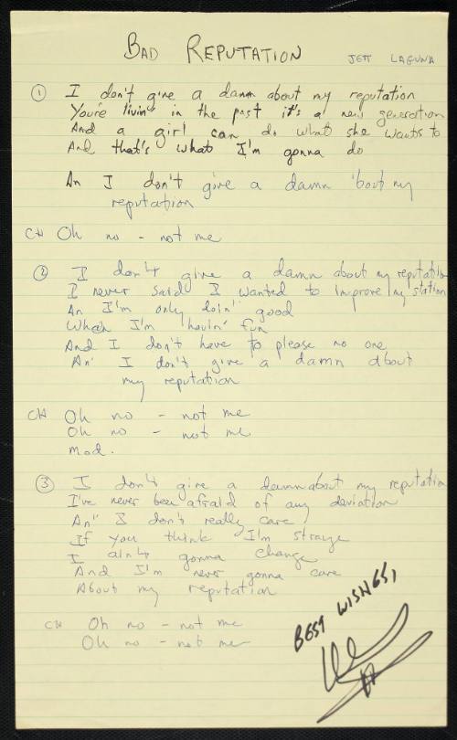 "Bad Reputation," Handwritten Lyrics by Joan Jett