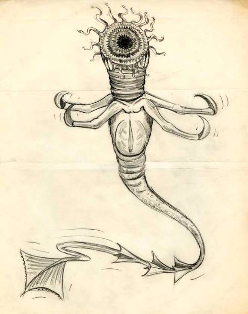 Early "Facehugger" Pencil Concept Art from the Film "Alien"